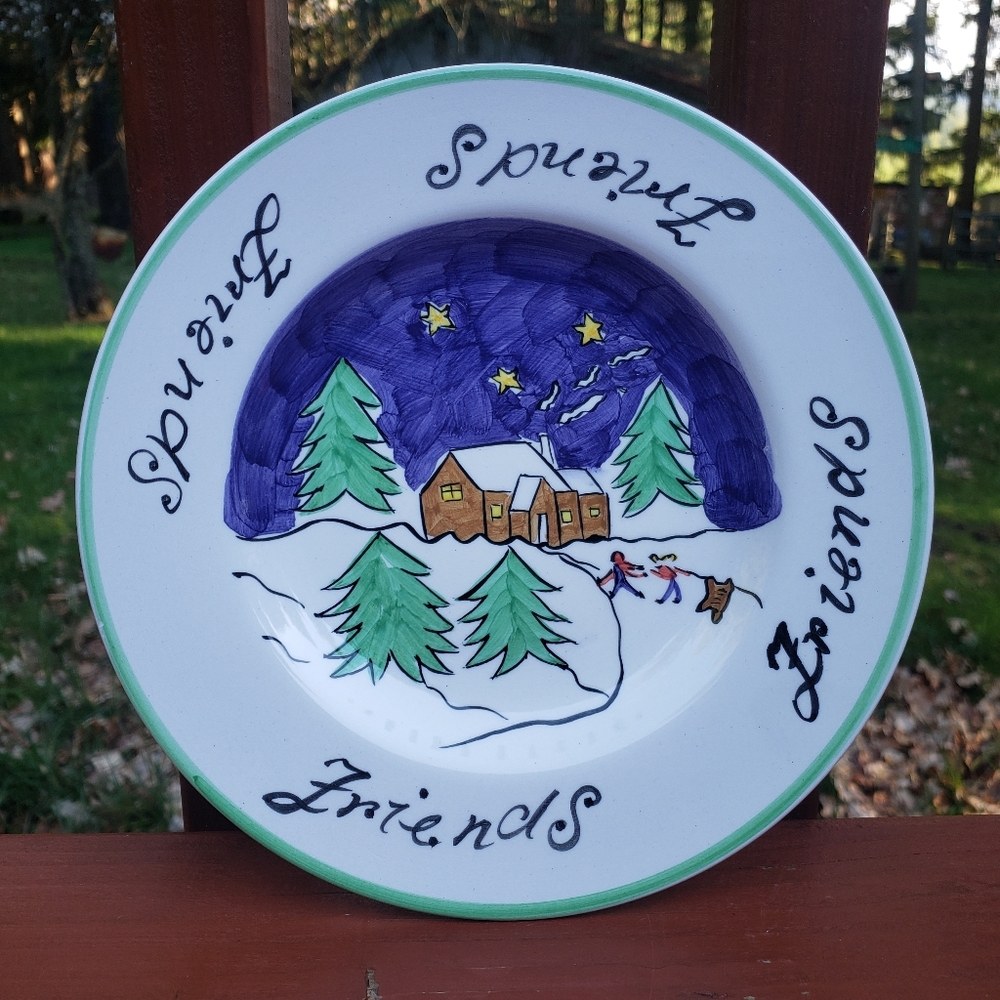 (1) Eddie Bauer 'Friends' Winter Plate W/ Cabin, Snow, Trees, Stars - 8.25"